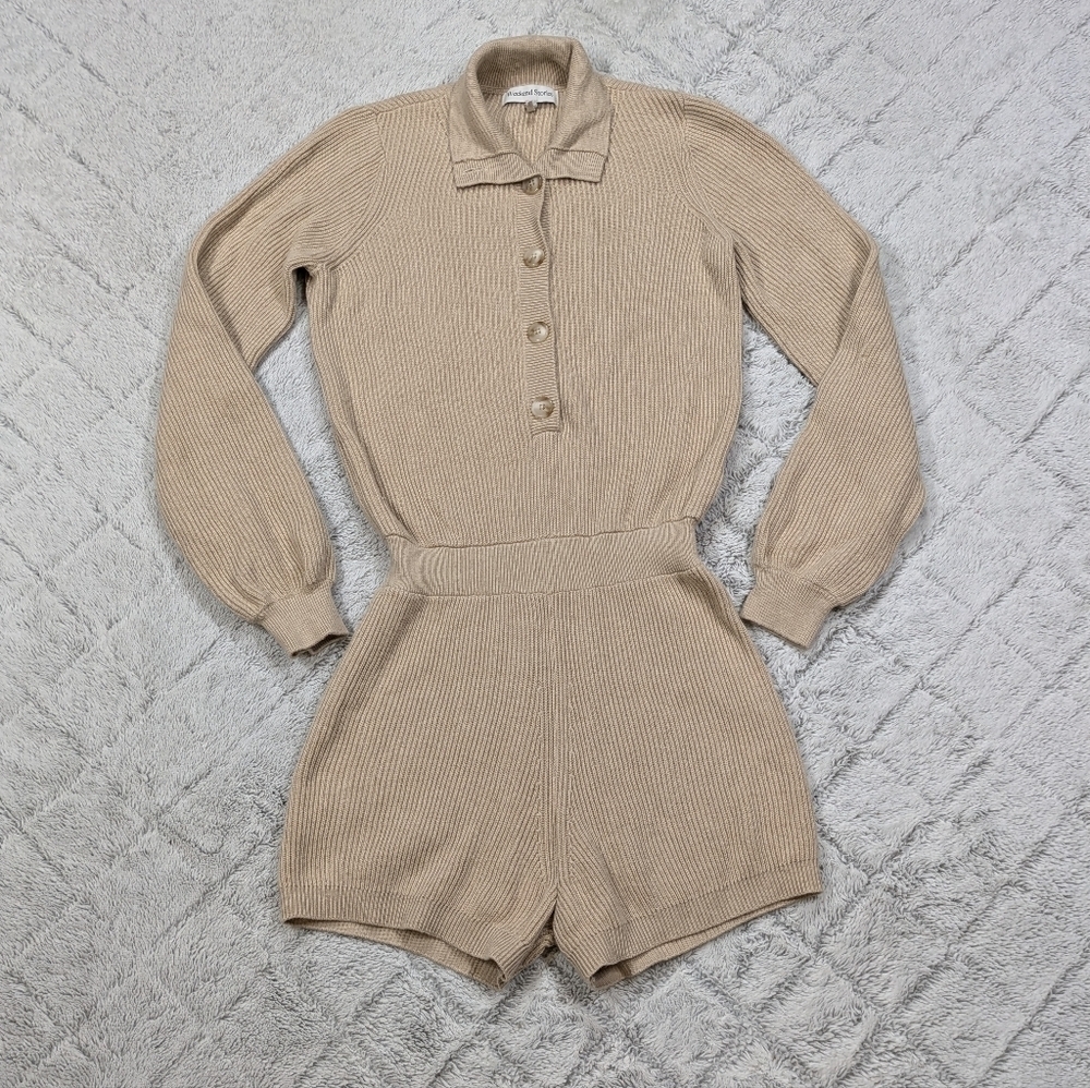 Weekend Stories Romper Women's XS Beige Soft Sand Prague Rib Knit Midweight